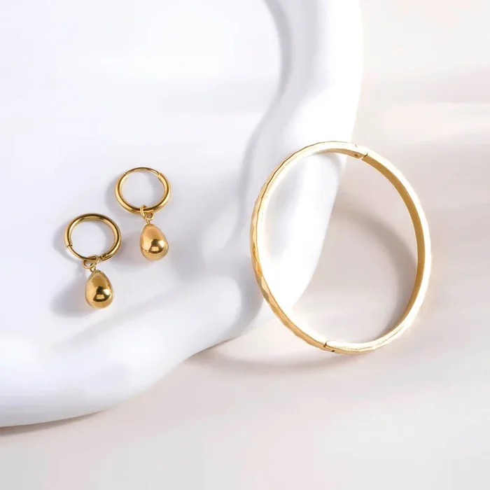 Gilded Haze Bangle Bracelet & Waterdrop Hoop Earrings Combo Set