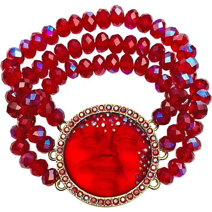 Goddess Seaview Moon 3 Row Beaded Stretch Bracelet (Goldtone/Ruby)