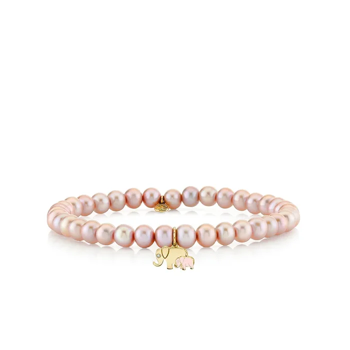 Gold & Diamond Elephant Family on Rose Pearls