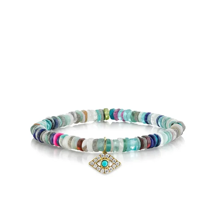 Gold & Diamond Medium Bezel Eye with Turquoise on Rainbow Heishi