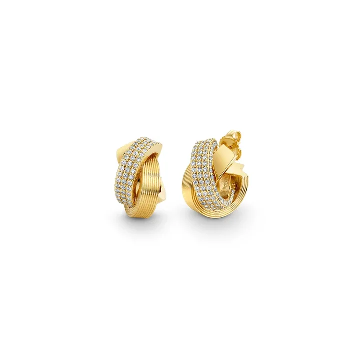 Gold & Diamond Tri Linked Ring Hoop Earrings