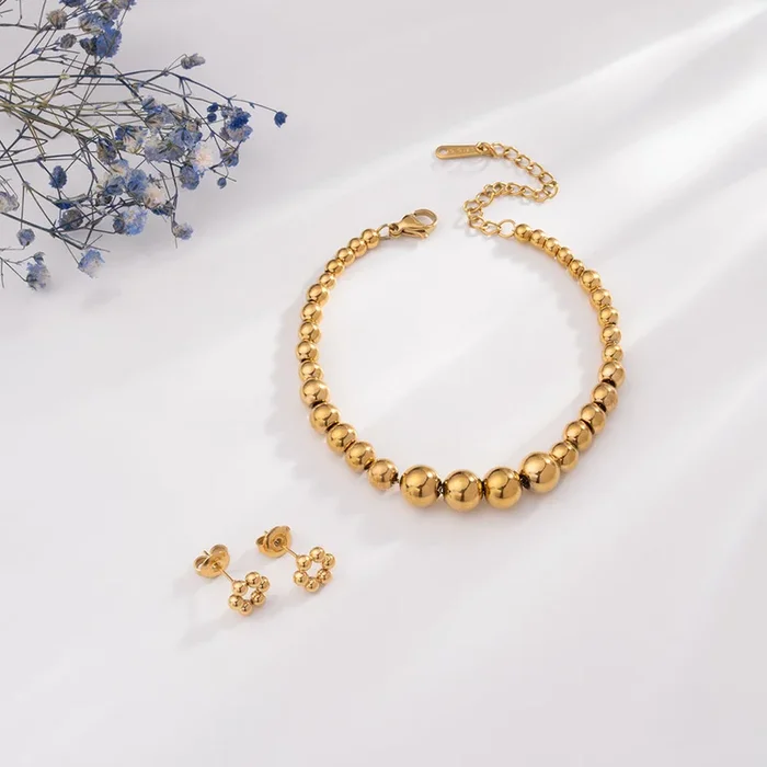 Gold Beaded Bracelet & Classic Chic Stud Earrings Combo Set