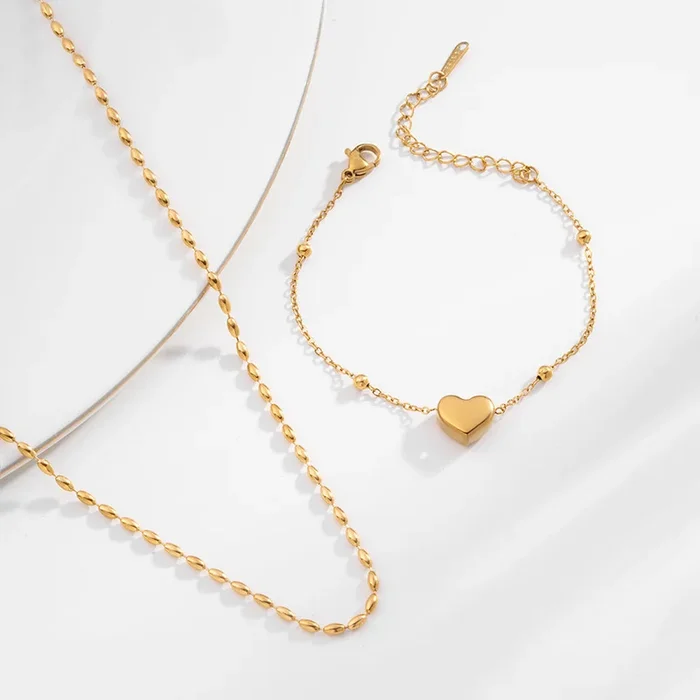 Gold Beaded Necklace & Heart Charm Bracelet Combo Set
