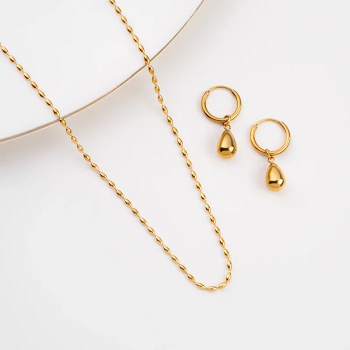 Gold Beaded Necklace & Waterdrop Hoop Earrings Combo Set