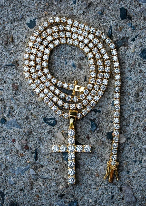 Gold Plated Iced Out Cross & Tennis Chain ( 3 MM )