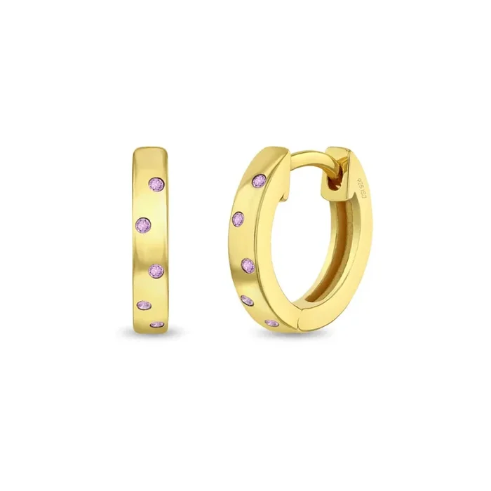 Gold Plated Staggered Pink CZ Huggie Hoop Earrings