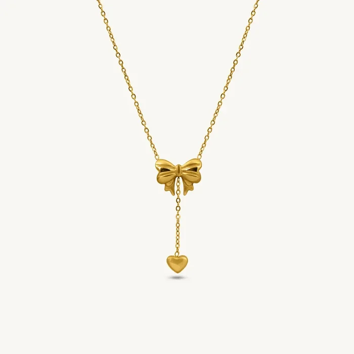 Golden Bow Heart Drop Necklace