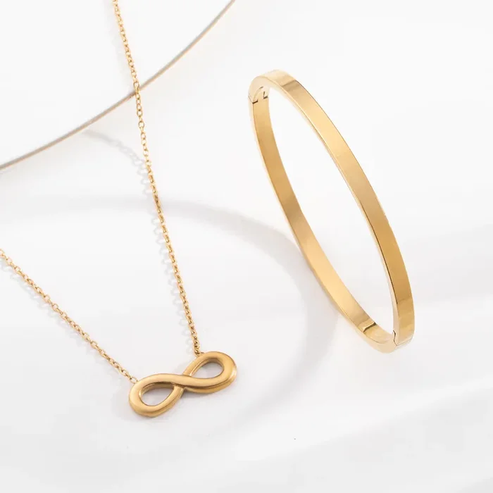 Golden Infinity Necklace & Plain Stackable Bangle Bracelet | 4MM Combo Set
