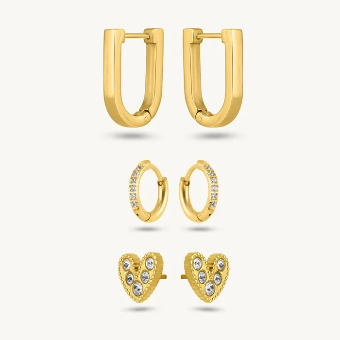Golden U-Hoop & Heart Earring Set