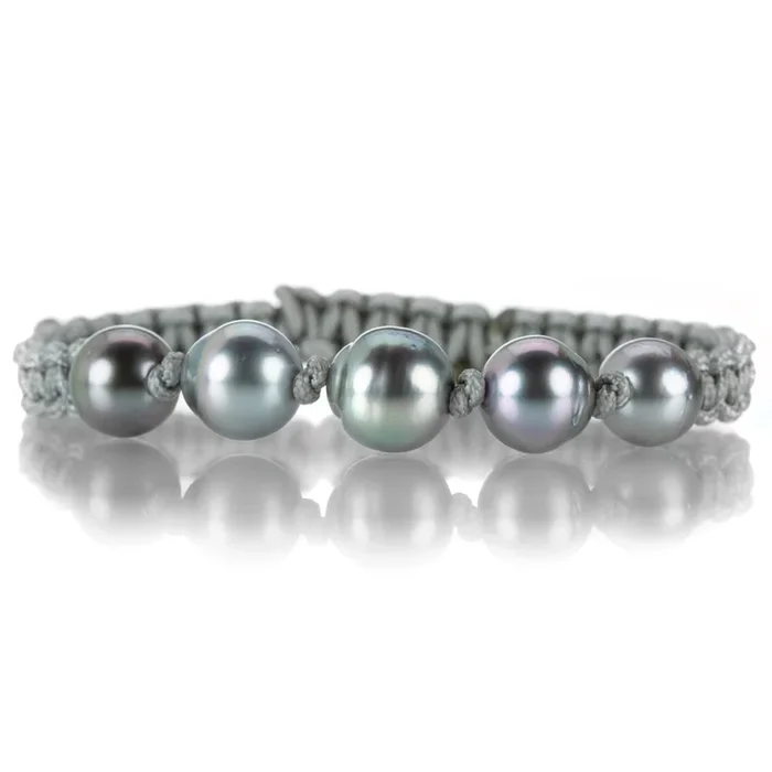 Gray Macrame Bracelet with 5 Tahitian Pearls