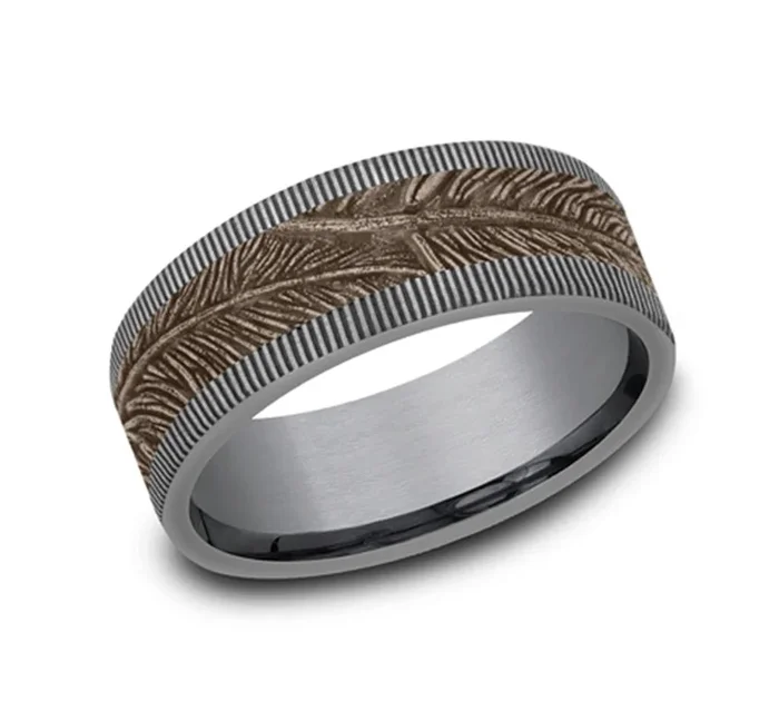Gray Tantalum And 14K Rose Gold ‘The Kestrel’ Feather Patterned 8mm Wedding Band