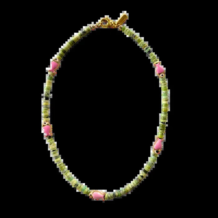 Green and Pink Fish Beaded Necklace
