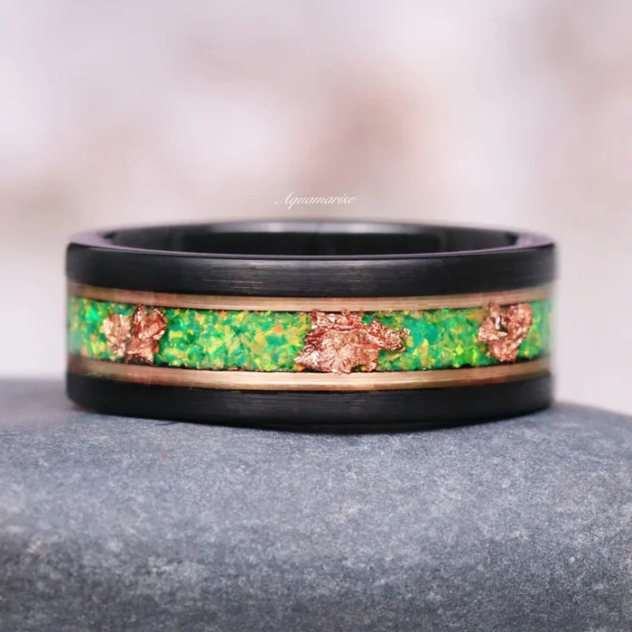 Green Fire Opal & Rose Gold Leaf Wedding Band in Two-Tone Tungsten Carbide (8mm)