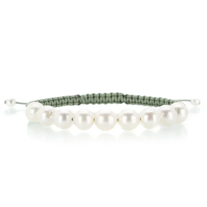 Green Macrame Bracelet with 9 South Sea Pearls