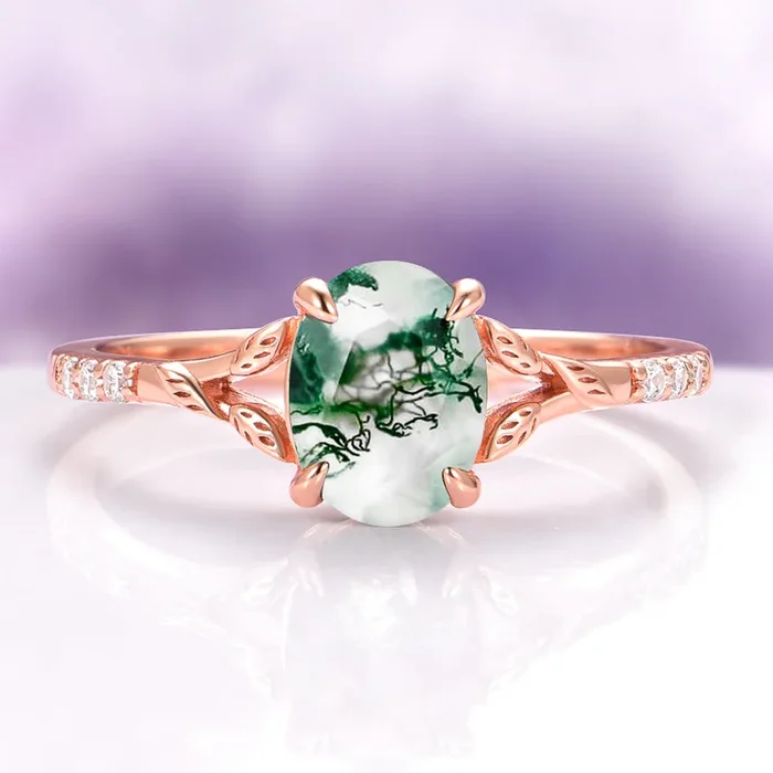 Green Moss Agate Leaf Engagement Ring in 14K Solid Rose Gold