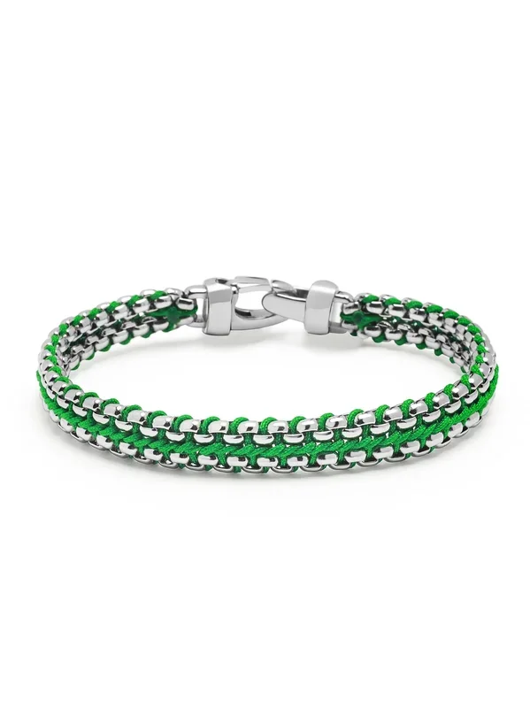 Green Woven Box Chain Bracelet in Silver