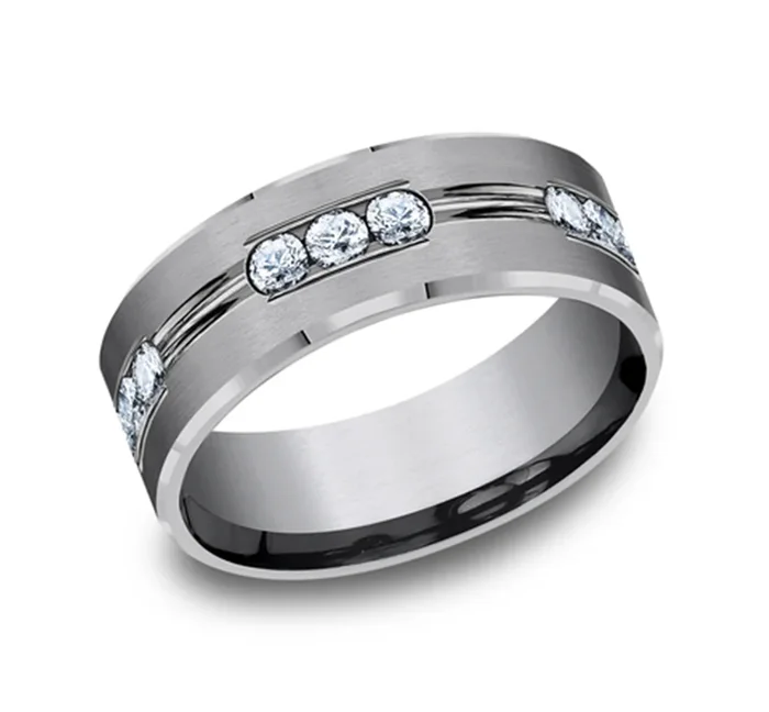 Grey Tantalum 8mm Beveled Wedding Band With Diamonds