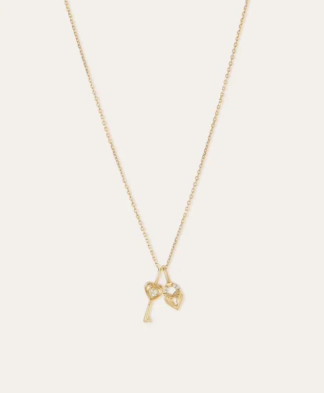 Groovy Diamond Heart Key & Padlock Mini Charm Necklace