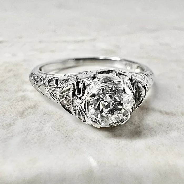 古董装饰艺术风格手工18K白金0.50克拉老式欧洲钻石单钻订婚戒指