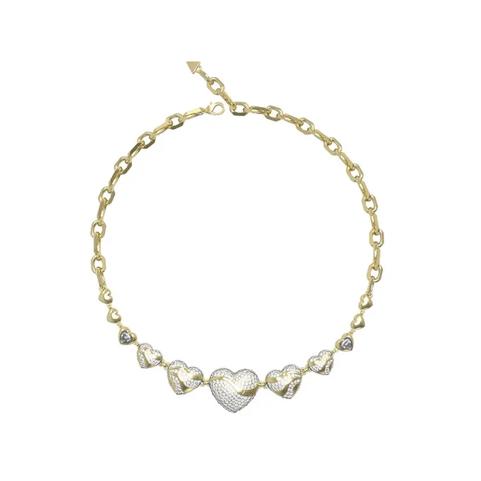 Guess Gold Plated Stainless Steel Multi Crystal Hearts 18″ Chain