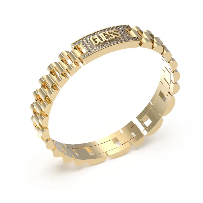 Guess Mens Jewellery Stainless Steel Gold Plated 10mm Pave Tag Empire