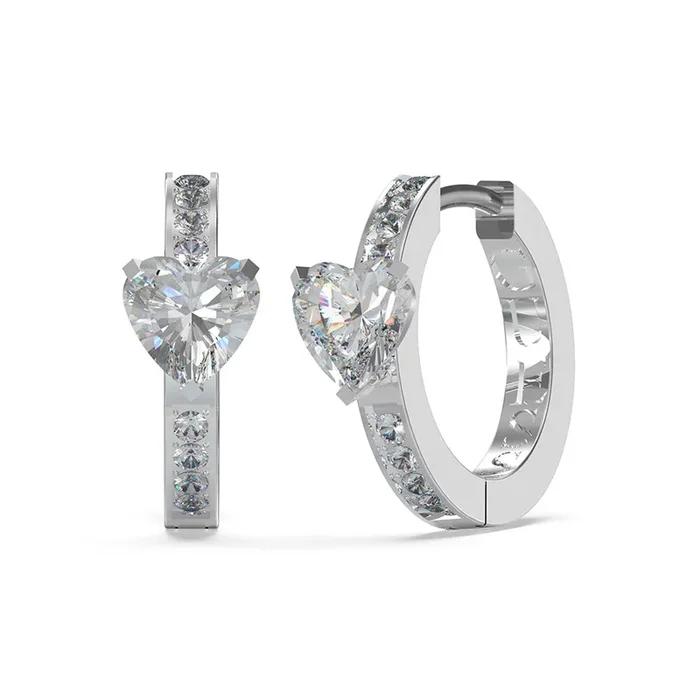 Guess Rhodium Plated Stainless Steel 12mm Heart & Pave Huggies Earrings
