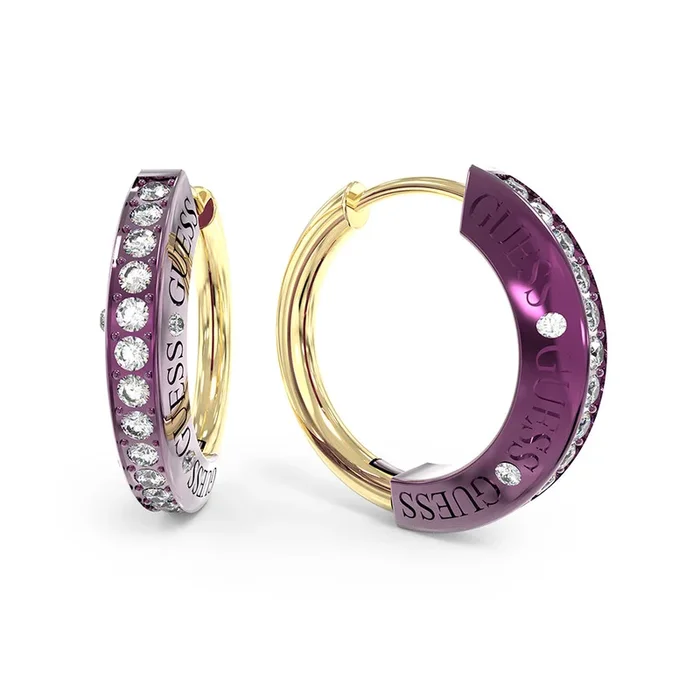 Guess Stainless Steel Gold Plated 20mm Half Round Pave Huggies Earrings