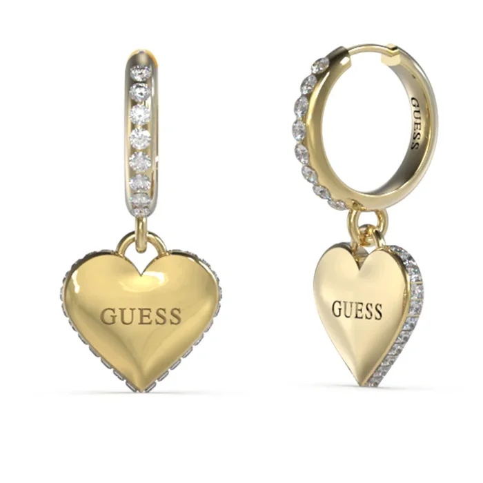 Guess Yellow Gold Plated 30mm Heart Charm Huggies Earrings