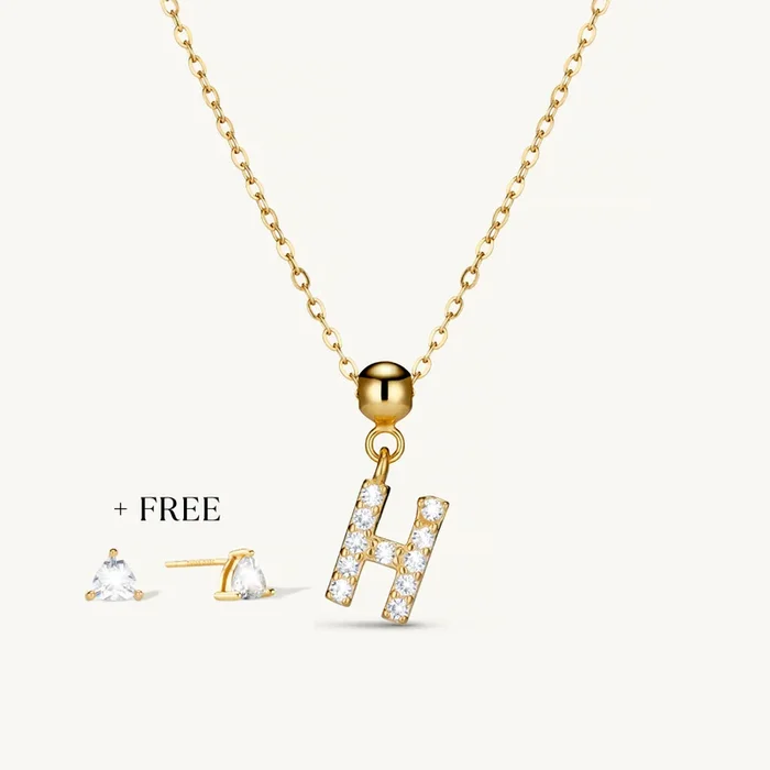 H Diamond Initial Charm Necklace + FREE Diamond Trio Studs Gold