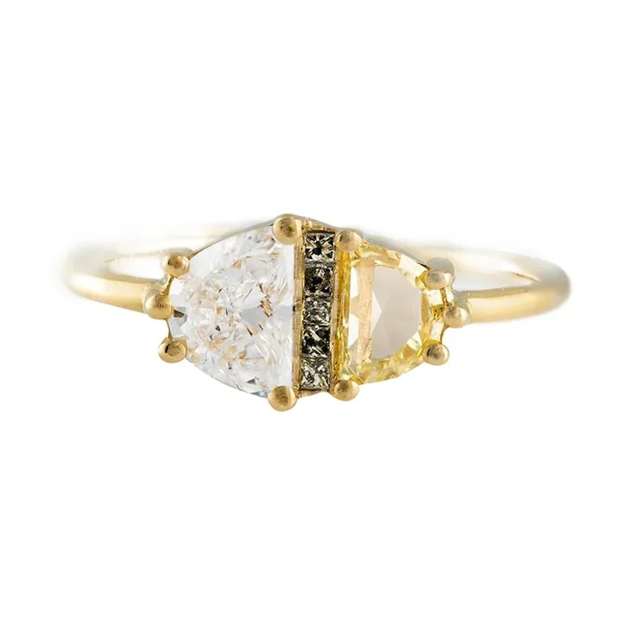 Half Moon Cut Engagement Ring with White, Yellow and Grey Diamonds