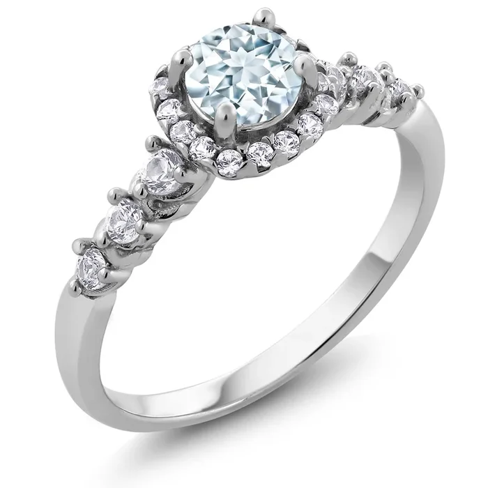 Halo Engagement Ring For Women | 925 Sterling Silver | Gemstone Birthstone and White Created Sapphire | Round 5MM Center with 2MM and 1.2MM Accents | Sizes 5-9