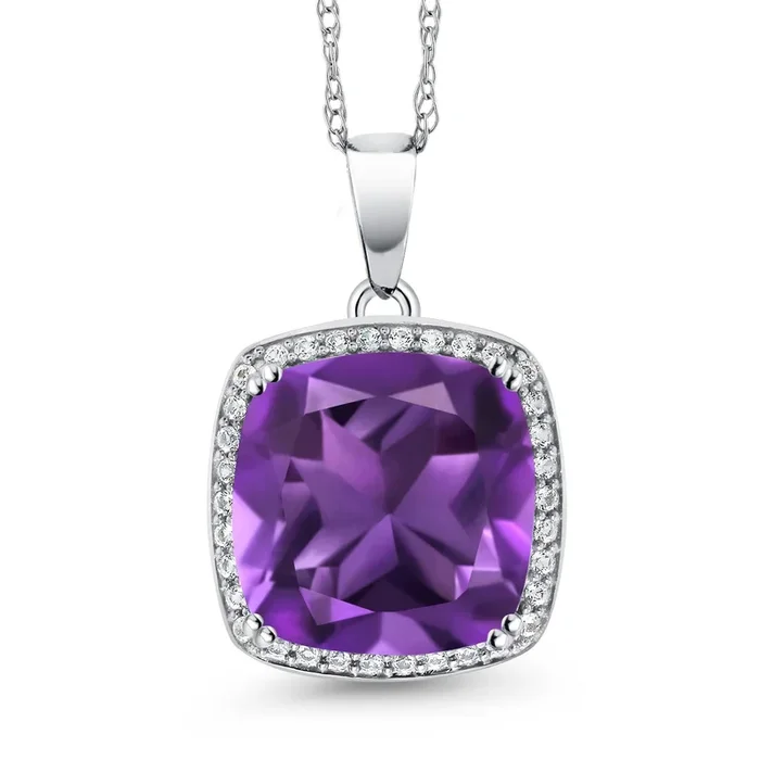 Halo Pendant Necklace for Women | Solid 10K Gold | 12MM Cushion Cut Gemstone Birthstone and White Created Sapphire | Gold Necklace For Women | With 18 Inch Gold Chain