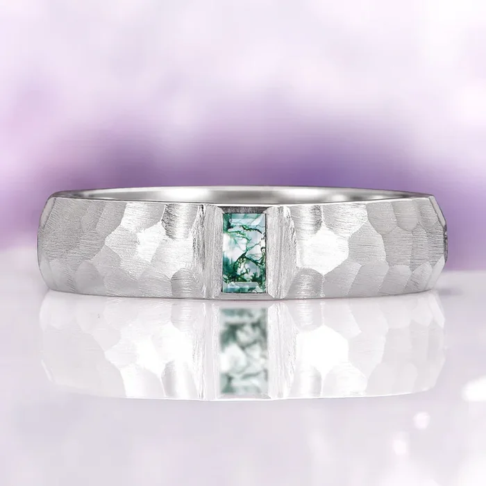 Hammered Moss Agate Wedding Band in 14K White Gold (5.5mm)