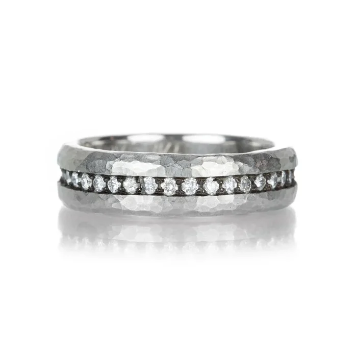Hammered Platinum Band with Bead Set Diamonds