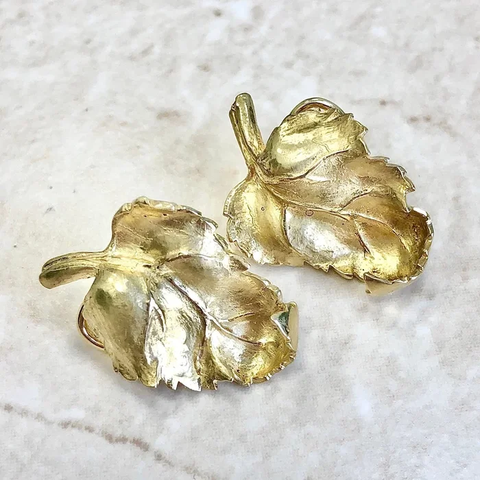 罕见复古18K黄金叶子耳环,Asprey品牌签名