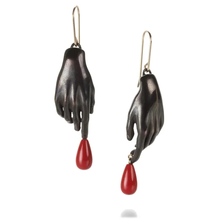 Hand Earrings with Red Drops in Bronze