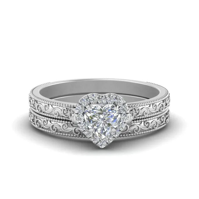 Hand Engraved Halo Heart Shaped Wedding Ring Set