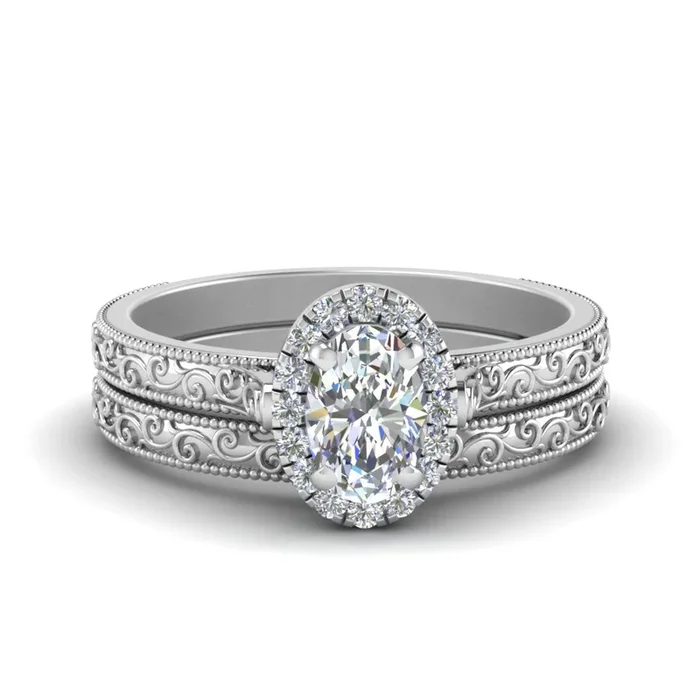 Hand Engraved Halo Oval Bridal Ring Set