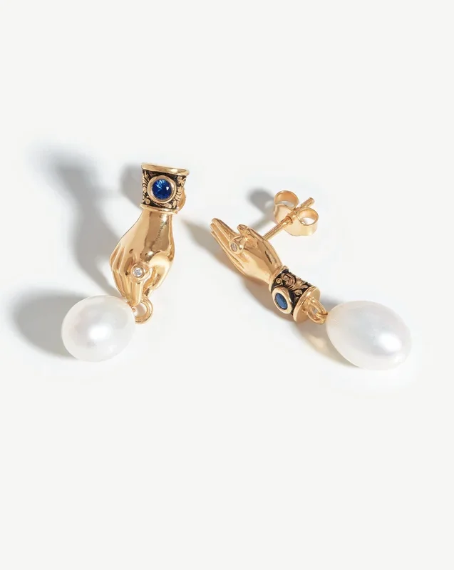 Harris Reed Fine Handpicked Drop Earrings | 14k Solid Gold/Pearl & Blue Sapphire