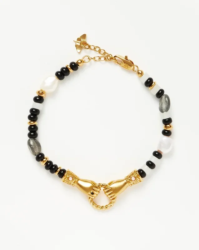 Harris Reed In Good Hands Beaded Gemstone Bracelet | 18ct Gold Plated/Black Chalcedony & Pearl
