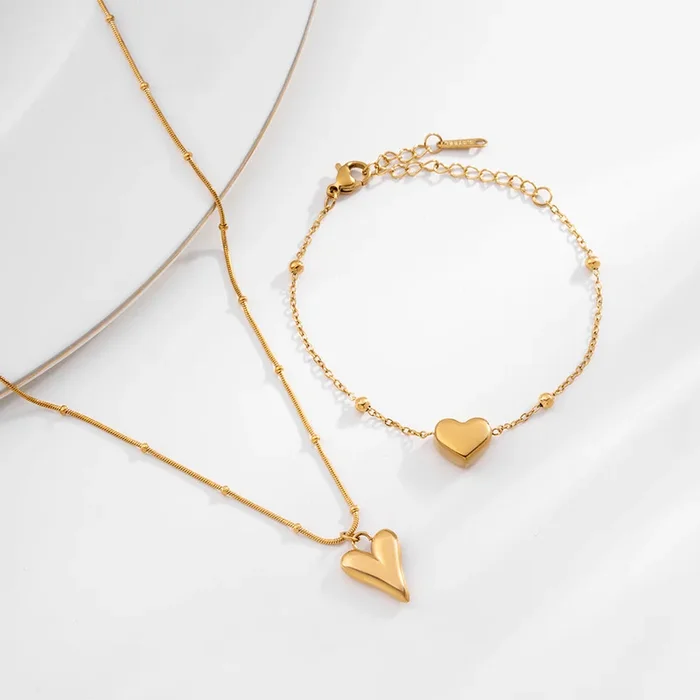Heart Ball Chain Pendant & Heart Charm Bracelet Combo Set