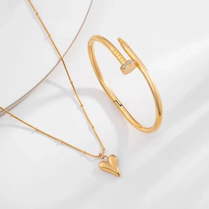 Heart Ball Chain Pendant & Nail Bangle Bracelet Combo Set