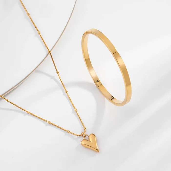 Heart Ball Chain Pendant & Plain Stackable Bangle Bracelet | 4MM Combo Set