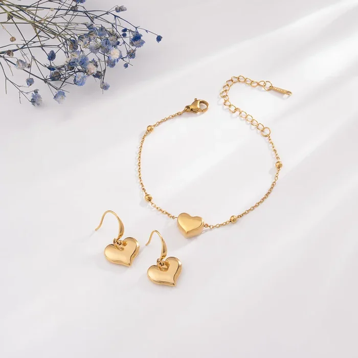 Heart Charm Bracelet & Dangling Heart Earrings Combo Set