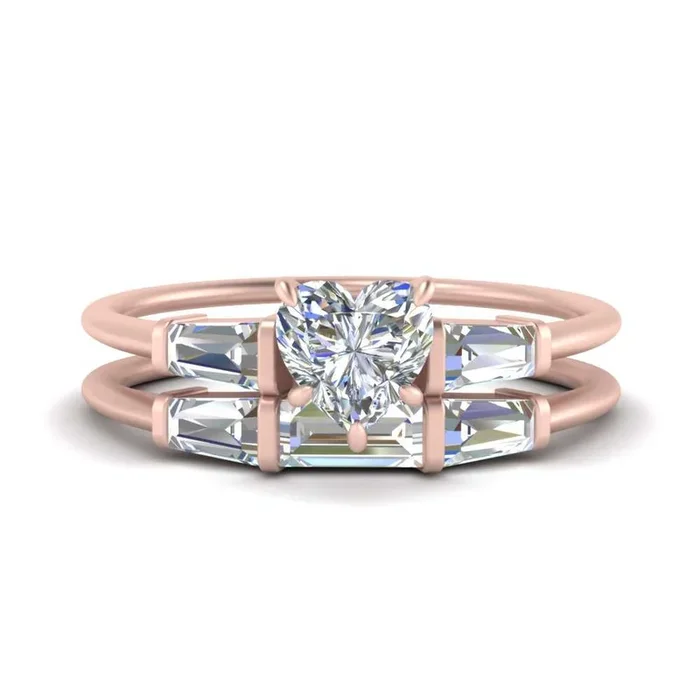 Heart Cut 3 Stone Baguette Bar Wedding Set