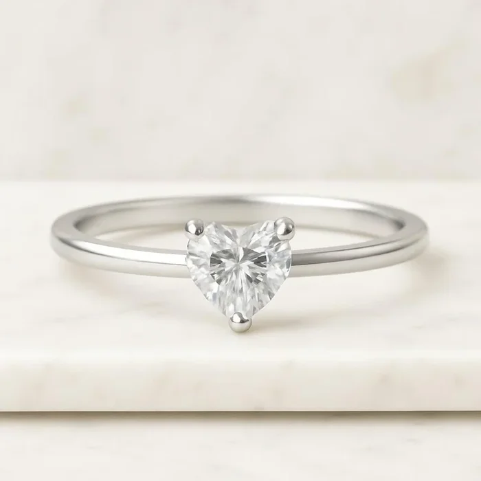 Heart Cut Solitaire Diamond Ring, 3 Claw Prong Set Wedding Ring