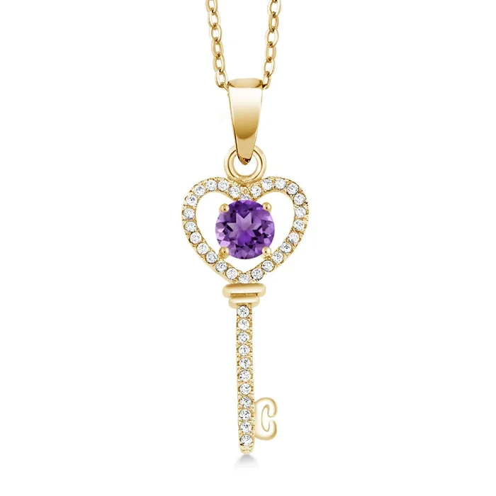 Heart Key Pendant Necklace For Women | 18K Yellow Gold Plated Silver | Gemstone Birthstone | Round 5MM | With 18 Inch Silver Chain