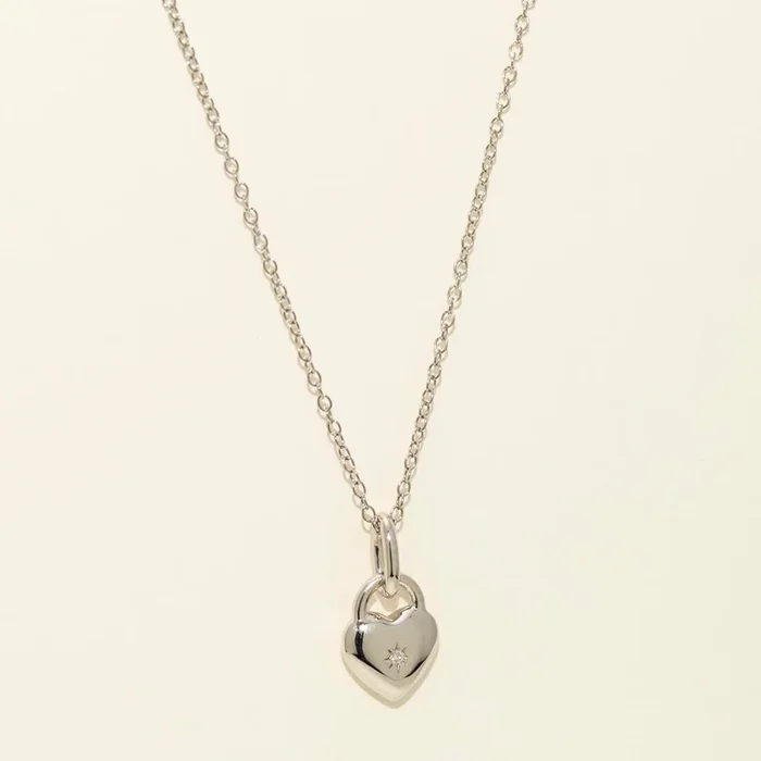 Heart Lock Necklace in Sterling Silver with Diamond (.01ct tw)