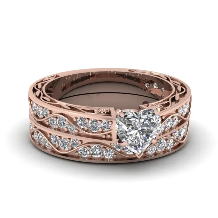 Heart Shaped Antique Filigree Wedding Ring Set