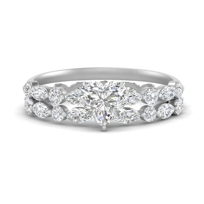 Heart Shaped Floating Marquise Accent Ring With Eternity Wedding Band